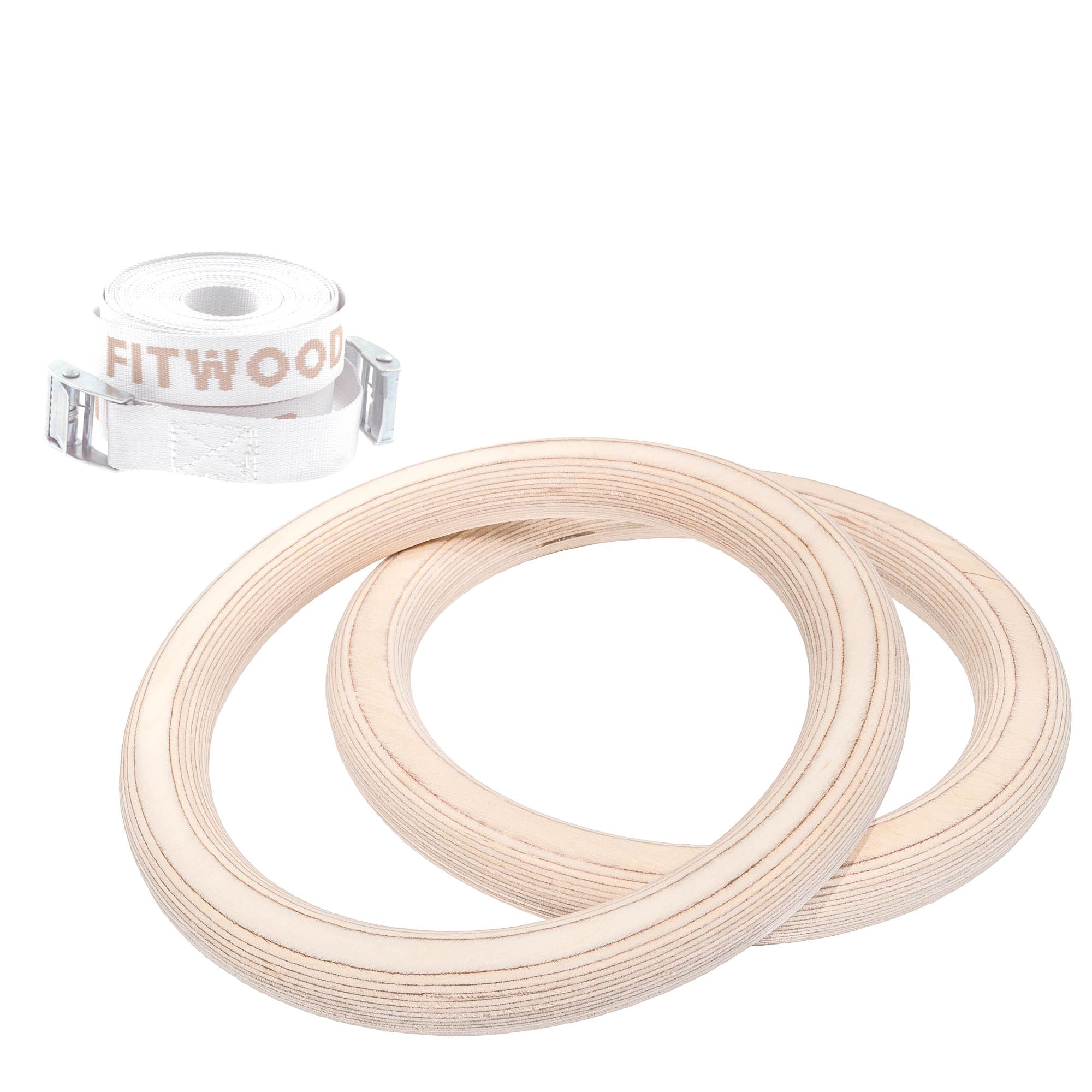 Fitwood Adult Gym Rings Wooden Gymnastics Rings Glazed White Black Ropes 